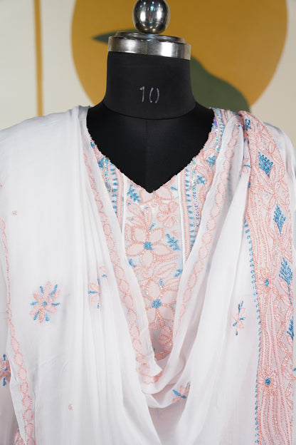 Peach and blue Chikankari Dress-A Pure Georgette