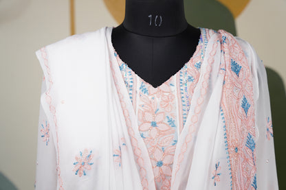 Peach and blue Chikankari Dress-A Pure Georgette