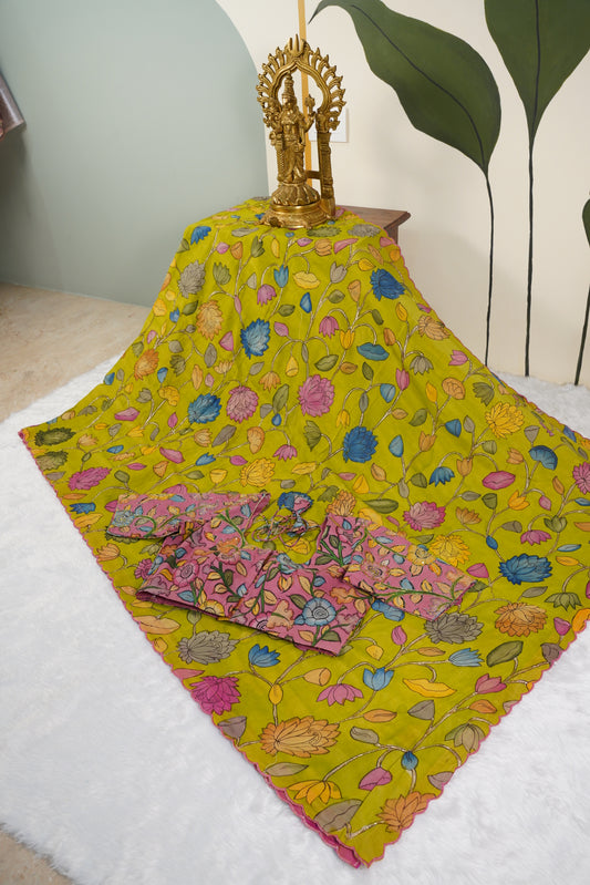 Kalamkari Silk Olive Green Saree