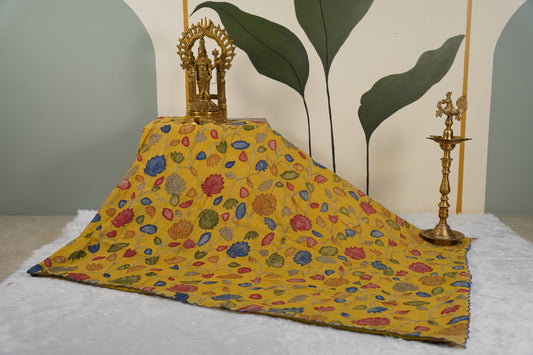 Yellow Floral Kalamkaari with pink Blouse with aari work