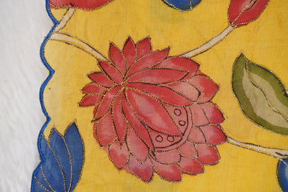 Yellow Floral Kalamkaari with pink Blouse with aari work