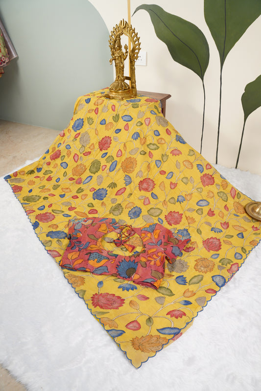Yellow Floral Kalamkaari with pink Blouse with aari work