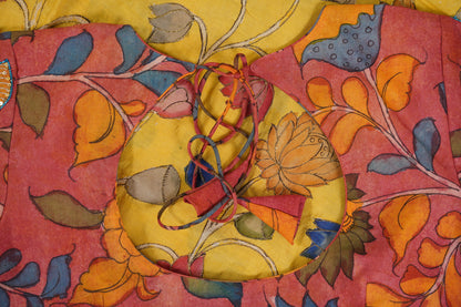 Yellow Floral Kalamkaari with pink Blouse with aari work