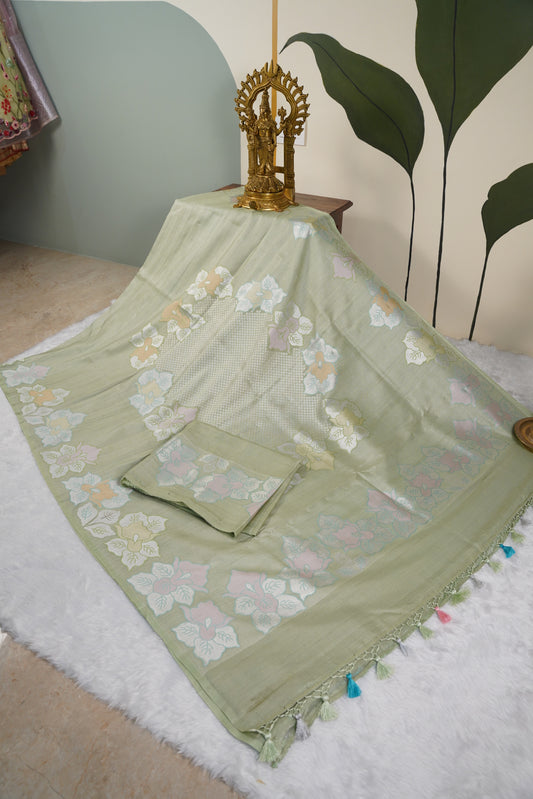 Pista green Banarasi Tussar Geogette