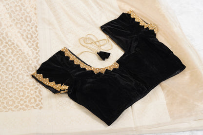 Cream Banarasi with contrast back velvet blouse