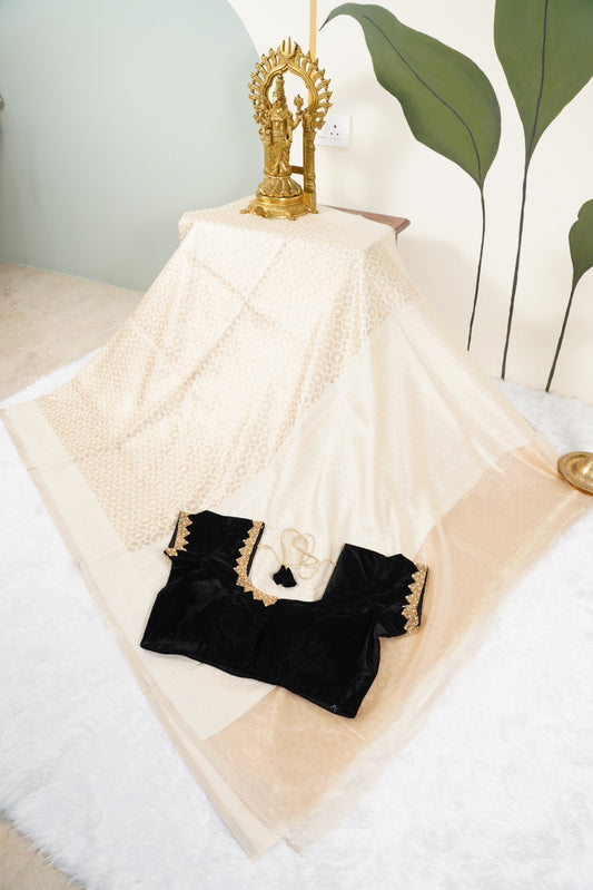 Cream Banarasi with contrast back velvet blouse