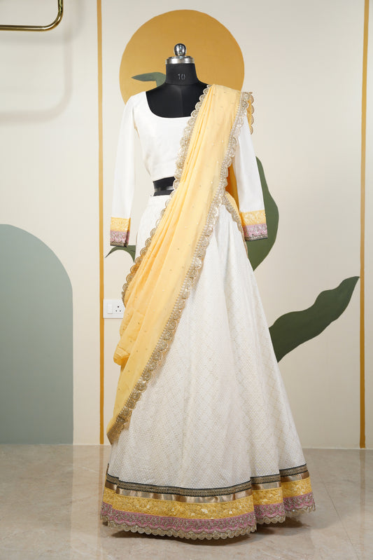 Ivory Chanderi Lehenga with yellow contrast duppatta