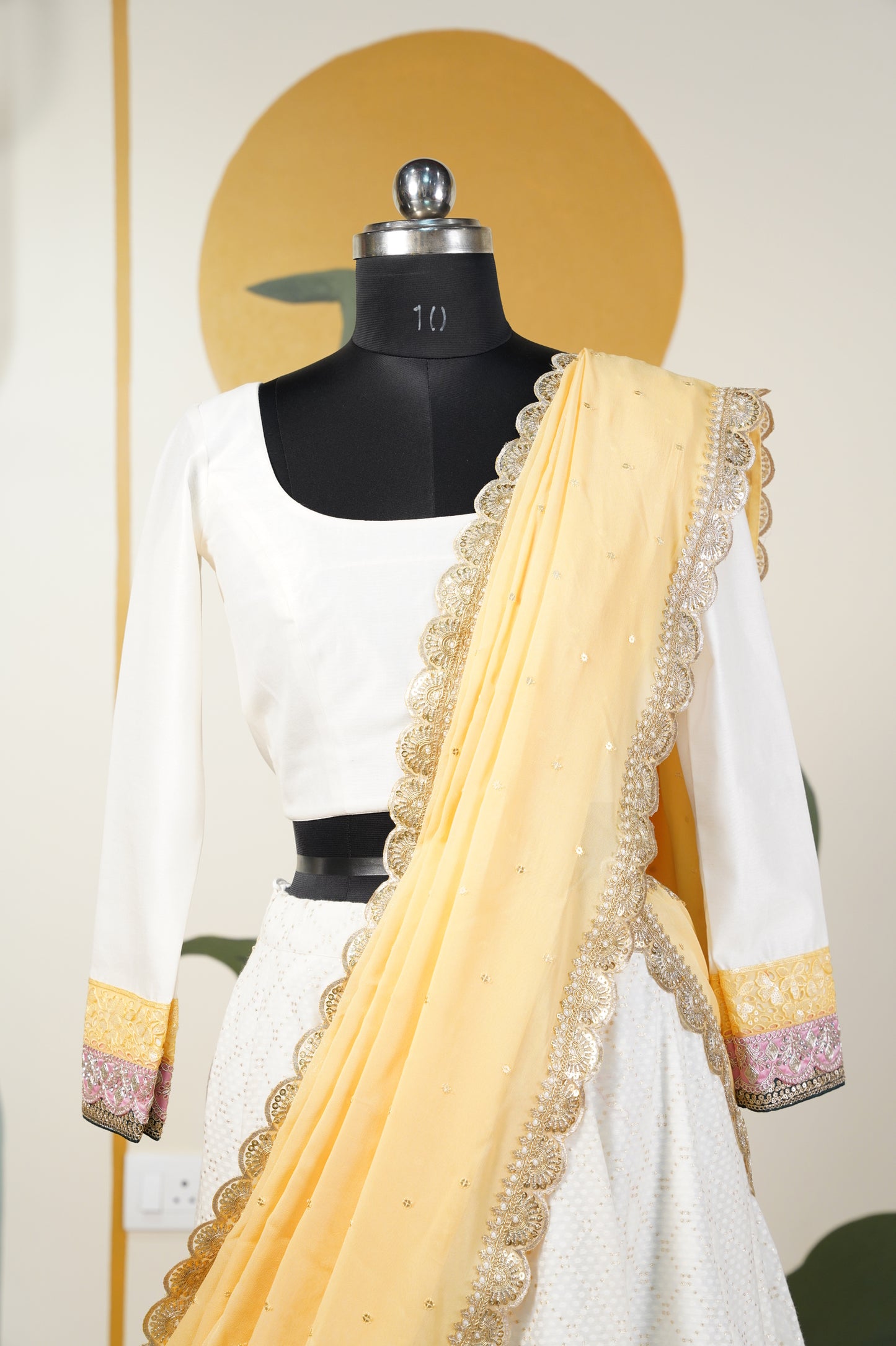 Ivory Chanderi Lehenga with yellow contrast duppatta