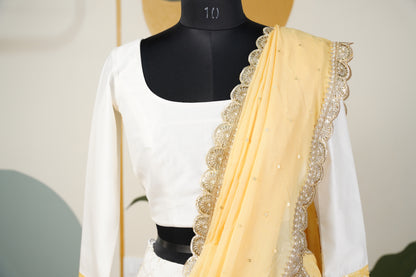 Ivory Chanderi Lehenga with yellow contrast duppatta