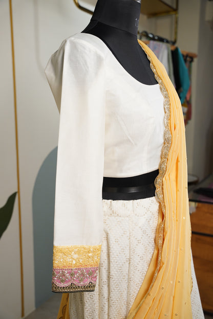 Ivory Chanderi Lehenga with yellow contrast duppatta
