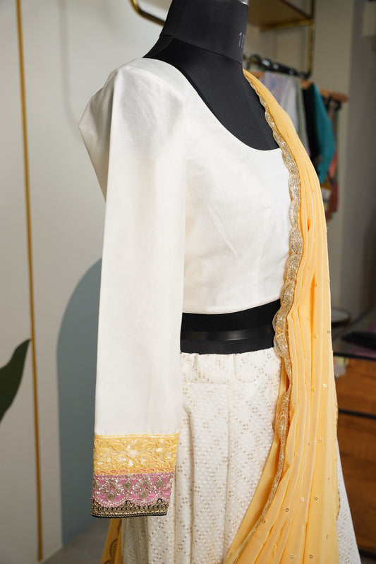 Ivory Chanderi Lehenga with yellow contrast duppatta