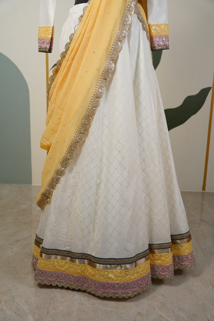 Ivory Chanderi Lehenga with yellow contrast duppatta