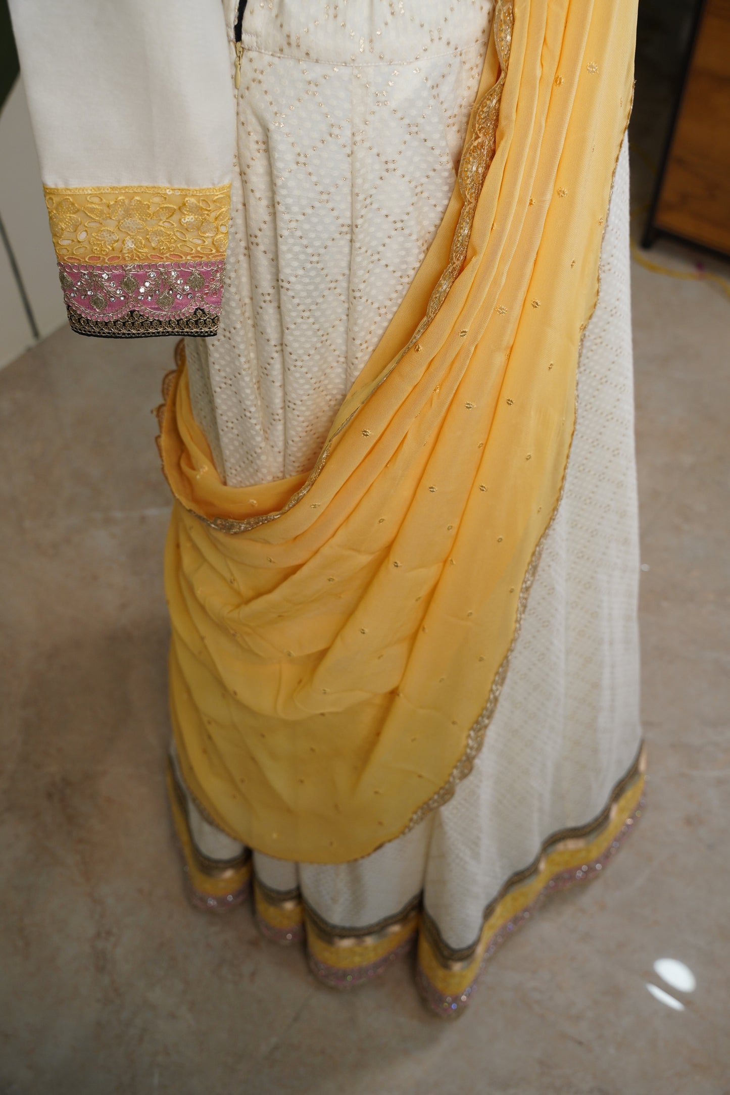 Ivory Chanderi Lehenga with yellow contrast duppatta