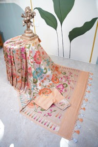 Banarasi Peach Tussar all over Tissue saree