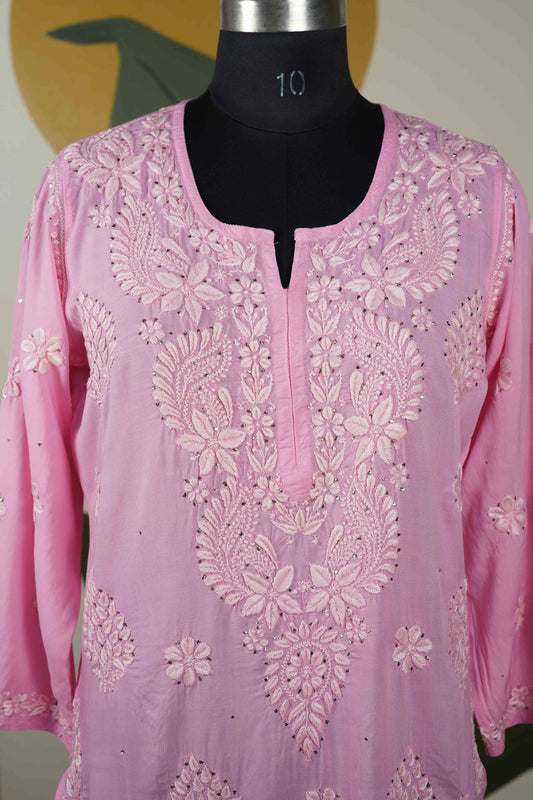 Pink Modal Long Kurti with Mukesh Dress