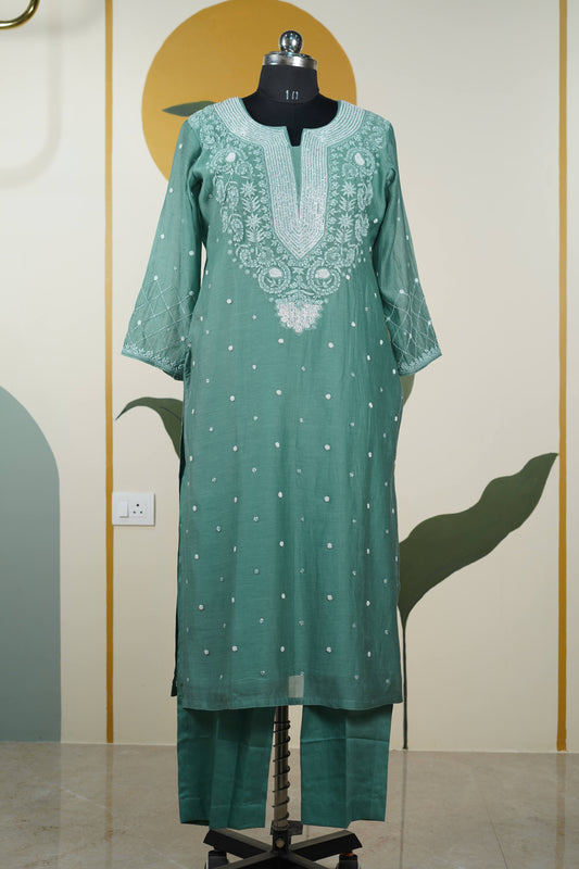 Sea Green Cutdana straight Kurta set Dress