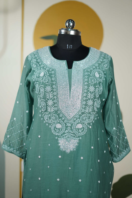 Sea Green Cutdana straight Kurta set Dress