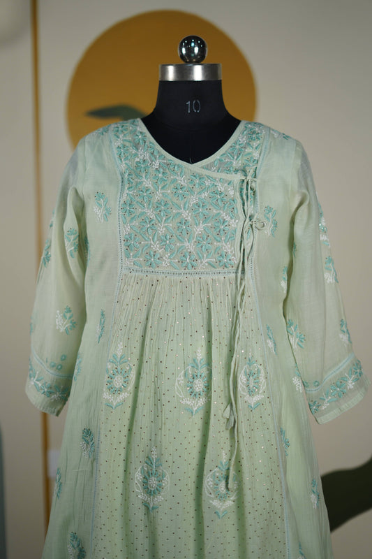 Pista Green Frock style chanderi mul cotton Dress