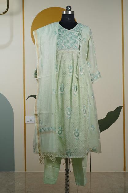 Pista Green Frock style chanderi mul cotton Dress