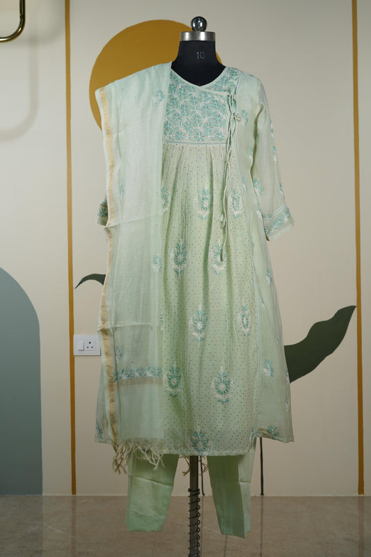 Pista Green Frock style chanderi mul cotton Dress