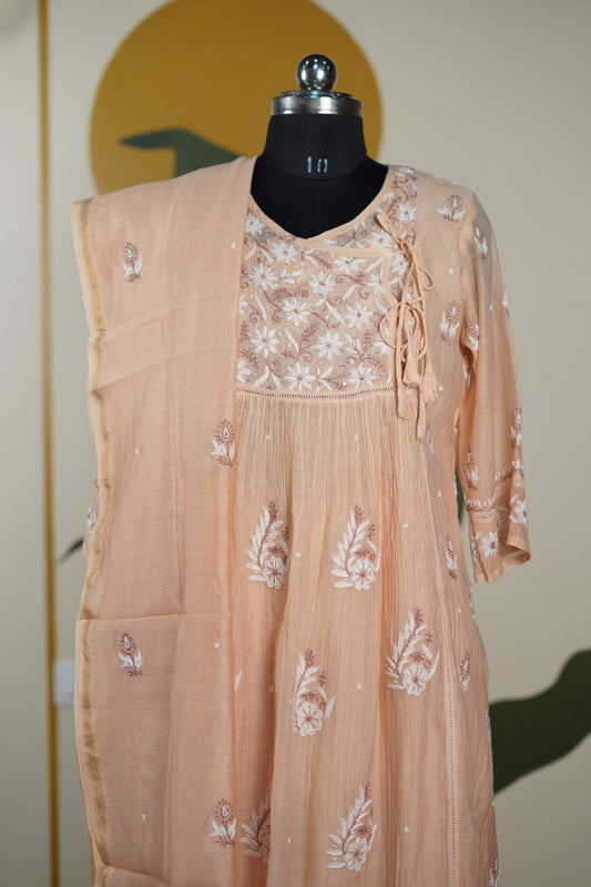 Peach wih brown thread work Frock style chanderi mul cotton Dress