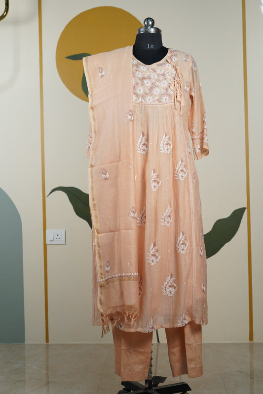 Peach wih brown thread work Frock style chanderi mul cotton Dress