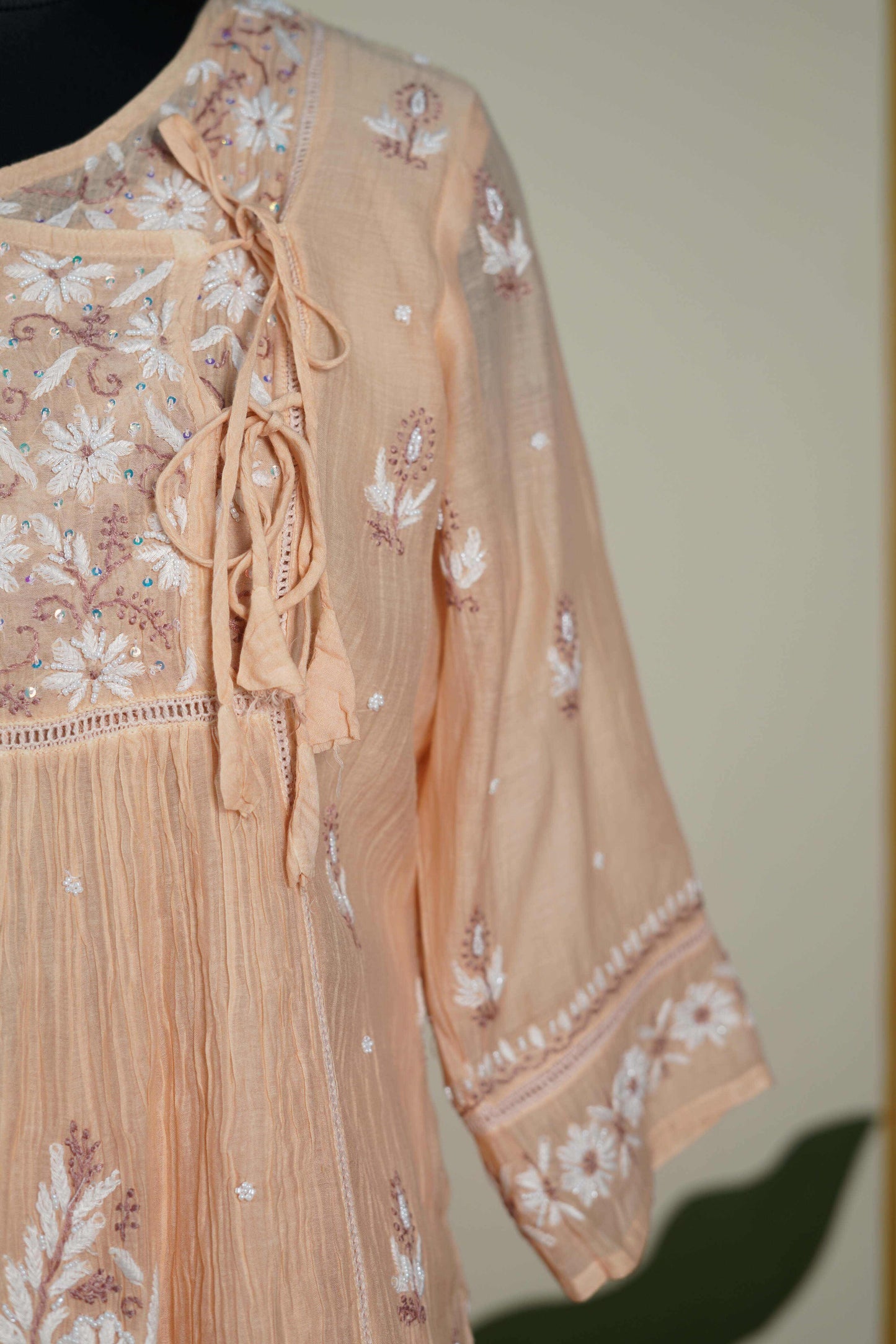 Peach wih brown thread work Frock style chanderi mul cotton Dress