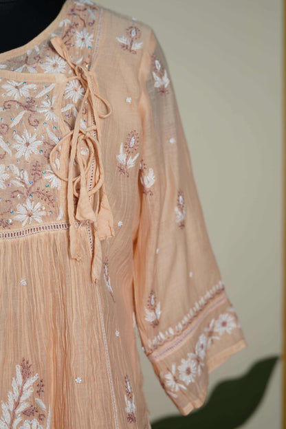 Peach wih brown thread work Frock style chanderi mul cotton Dress