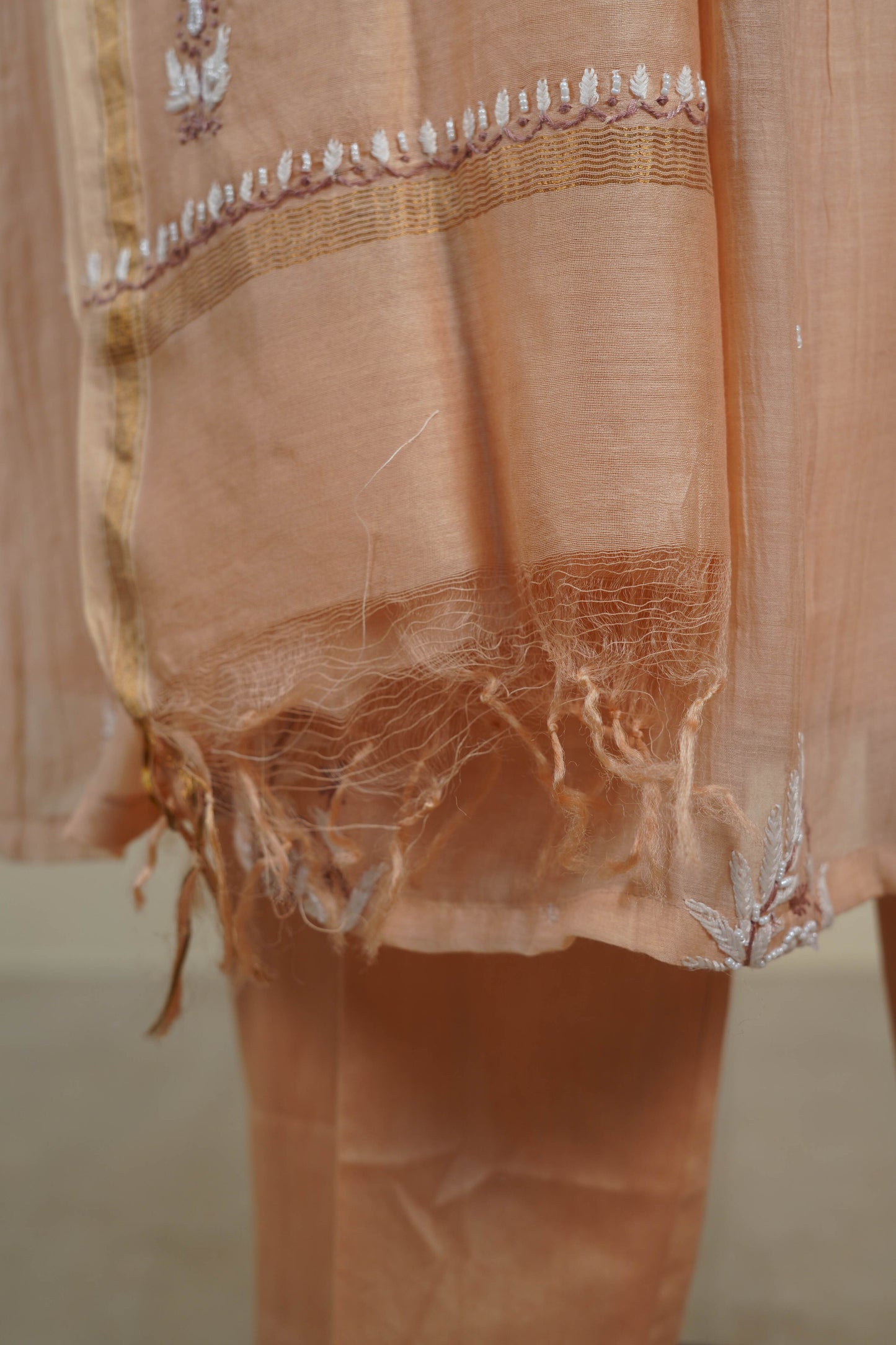 Peach wih brown thread work Frock style chanderi mul cotton Dress