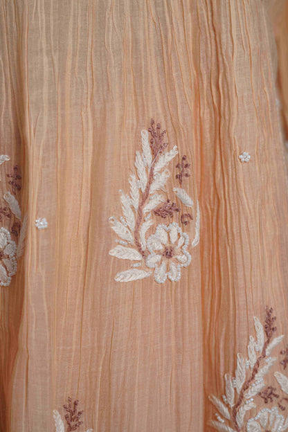 Peach wih brown thread work Frock style chanderi mul cotton Dress