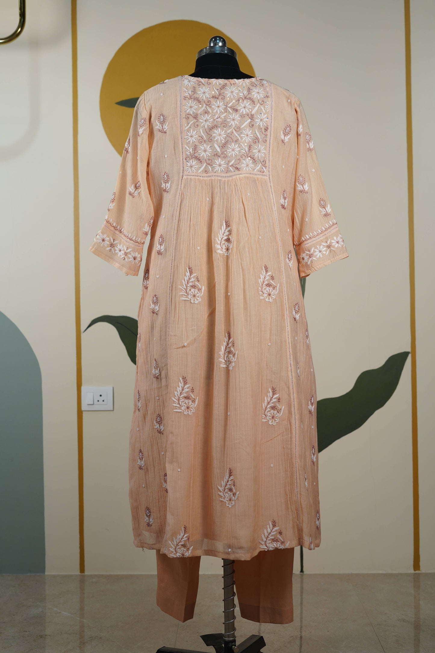 Peach wih brown thread work Frock style chanderi mul cotton Dress