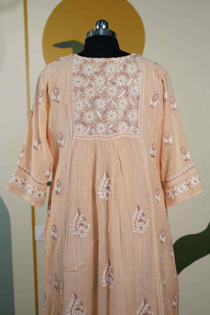 Peach wih brown thread work Frock style chanderi mul cotton Dress