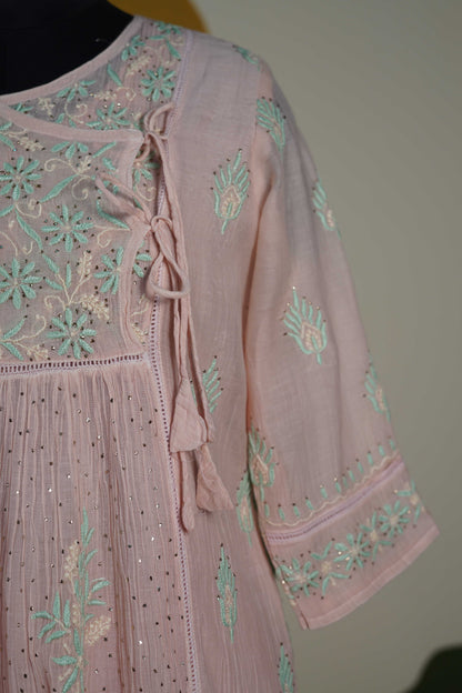 Pinkish peach with green work Frock style chanderi mul cotton Dress