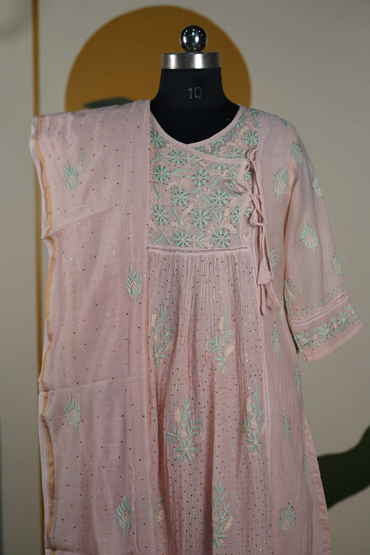 Pinkish peach with green work Frock style chanderi mul cotton Dress