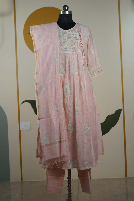 Pinkish peach with green work Frock style chanderi mul cotton Dress