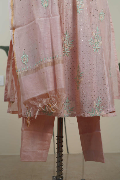 Pinkish peach with green work Frock style chanderi mul cotton Dress