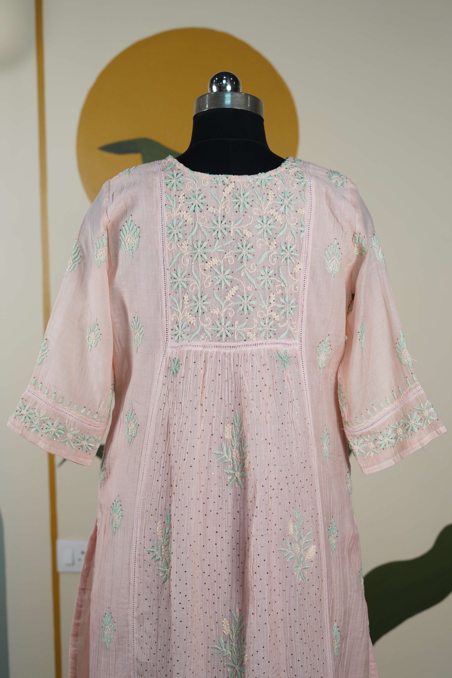 Pinkish peach with green work Frock style chanderi mul cotton Dress