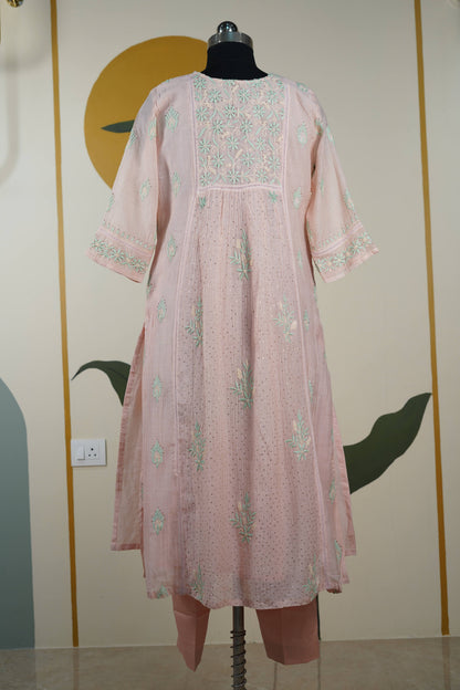 Pinkish peach with green work Frock style chanderi mul cotton Dress