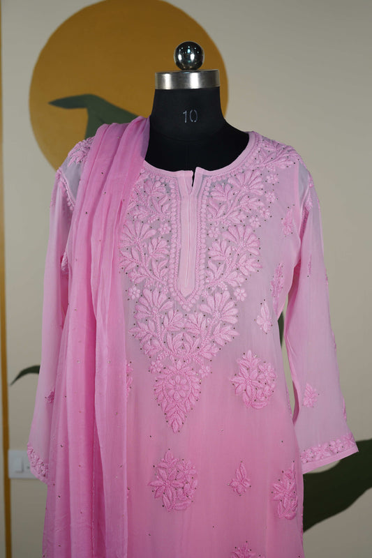 Baby Pink Ombre Chikankari Dress