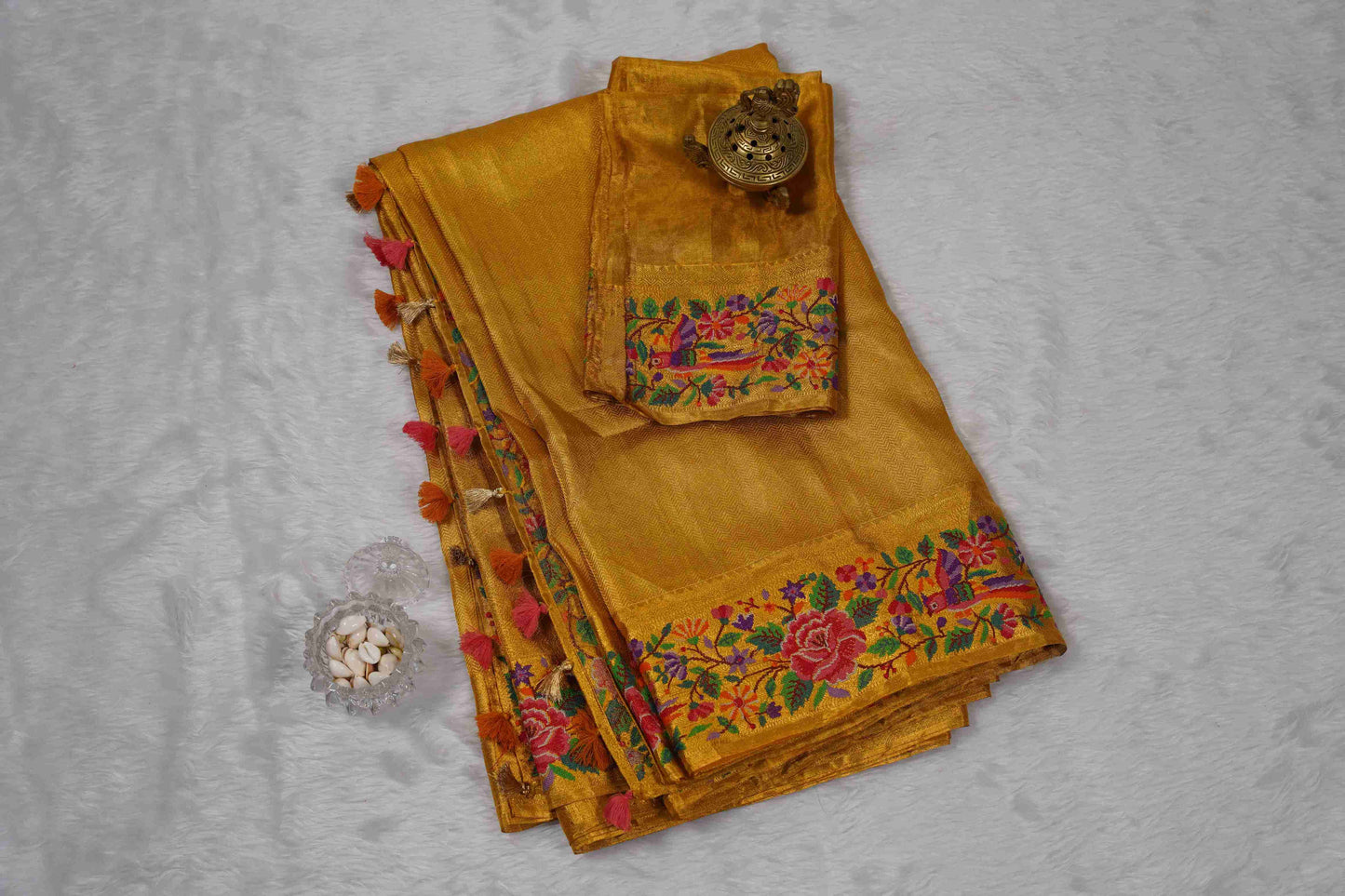 Yellow Brocade Kanchi Saree with Pink & Purple Petite Border