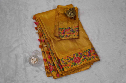 Yellow Brocade Kanchi Saree with Pink & Purple Petite Border