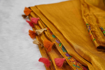 Yellow Brocade Kanchi Saree with Pink & Purple Petite Border