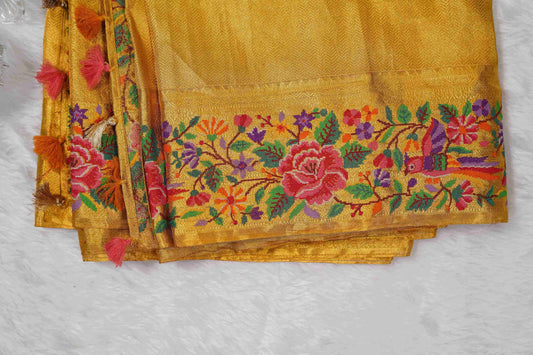 Yellow Brocade Kanchi Saree with Pink & Purple Petite Border