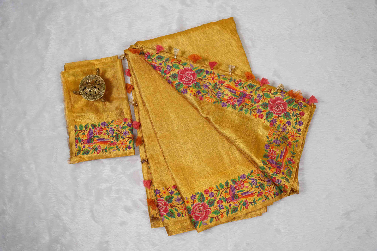 Yellow Brocade Kanchi Saree with Pink & Purple Petite Border