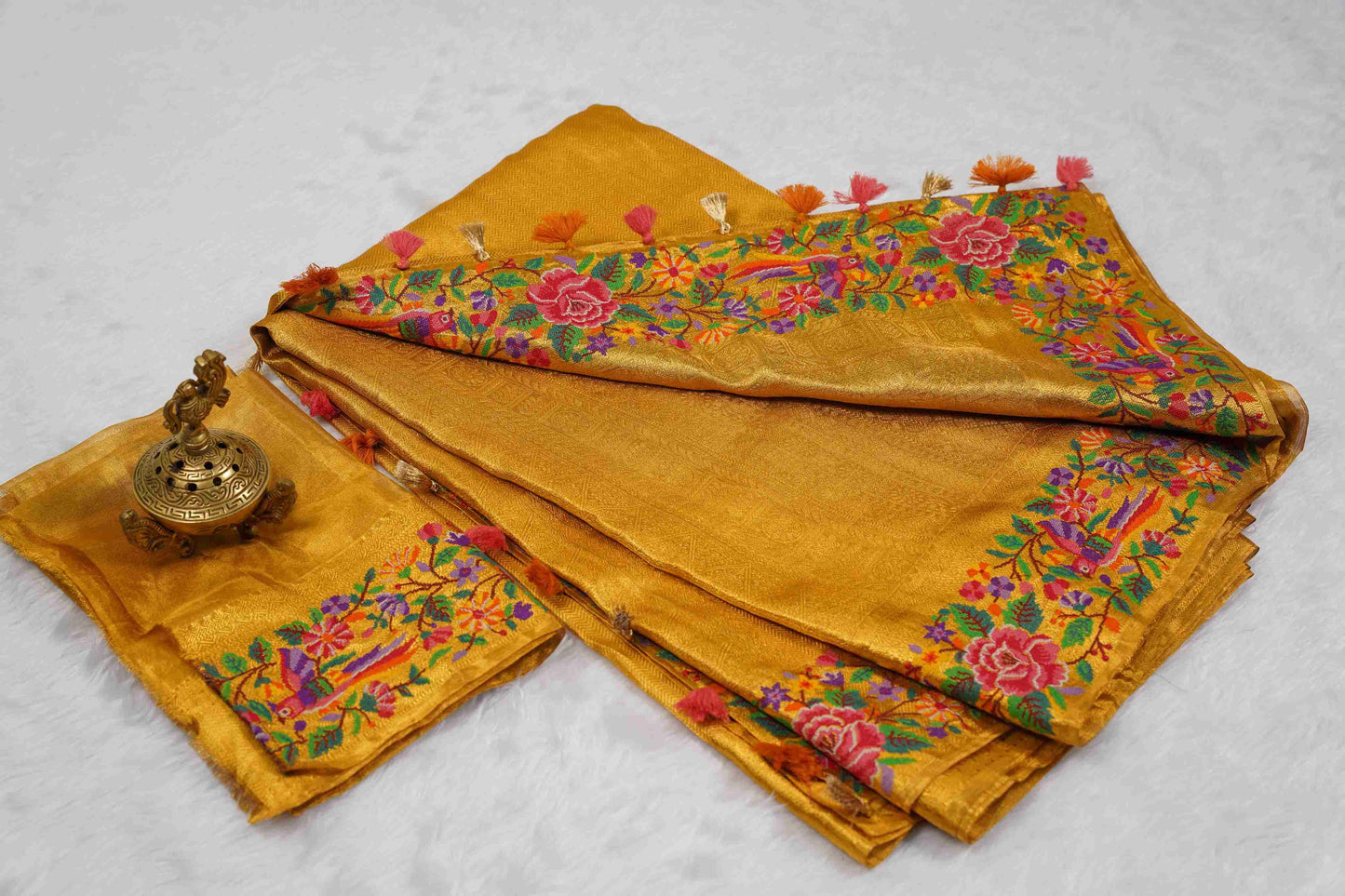 Yellow Brocade Kanchi Saree with Pink & Purple Petite Border