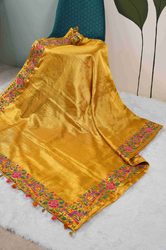 Yellow Brocade Kanchi Saree with Pink & Purple Petite Border
