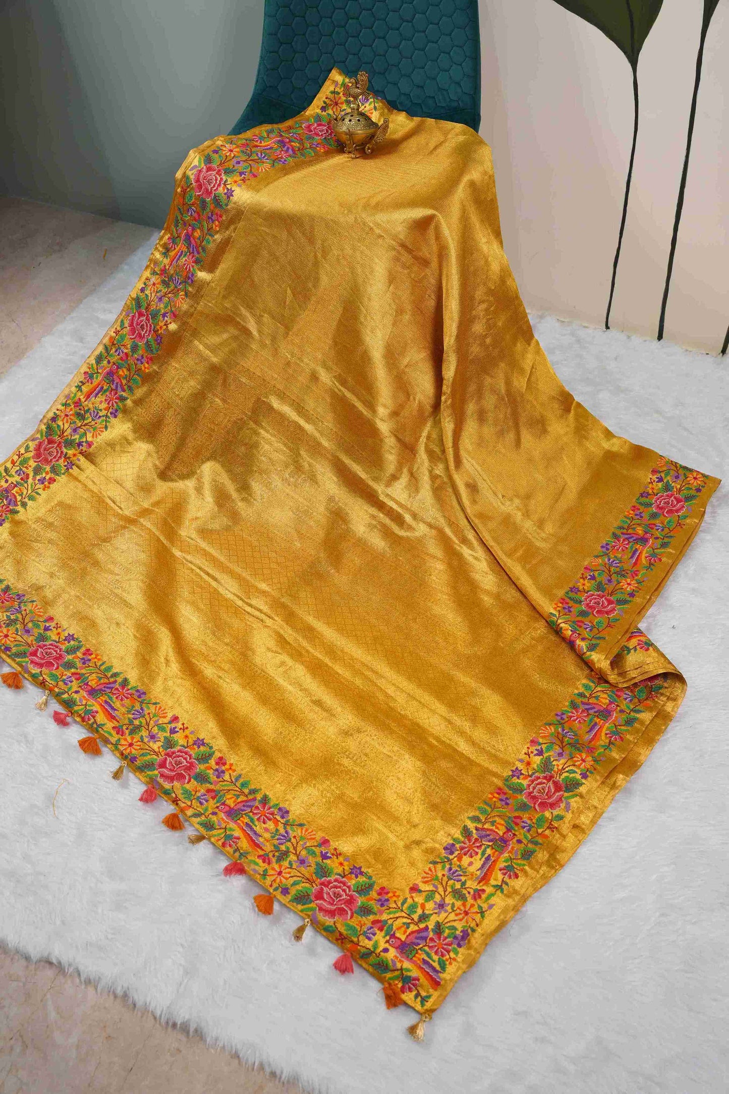 Yellow Brocade Kanchi Saree with Pink & Purple Petite Border