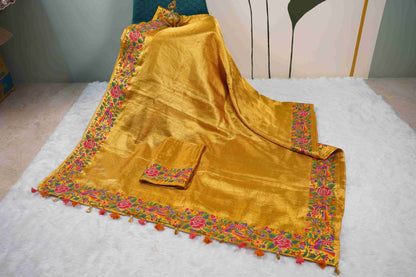 Yellow Brocade Kanchi Saree with Pink & Purple Petite Border