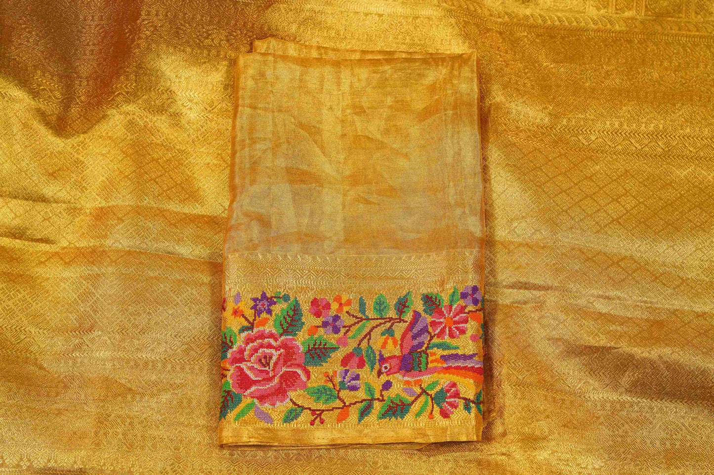 Yellow Brocade Kanchi Saree with Pink & Purple Petite Border