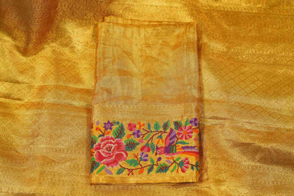 Yellow Brocade Kanchi Saree with Pink & Purple Petite Border